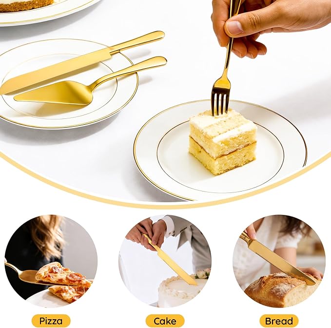 SUREAM Gold Cake Slicer 4PCS, 13 Inch Extended Wedding Cake Knife Stainless Steel, Pie Knife and Server for Wedding Birthday Anniversary Christmas Party and Event Gift
