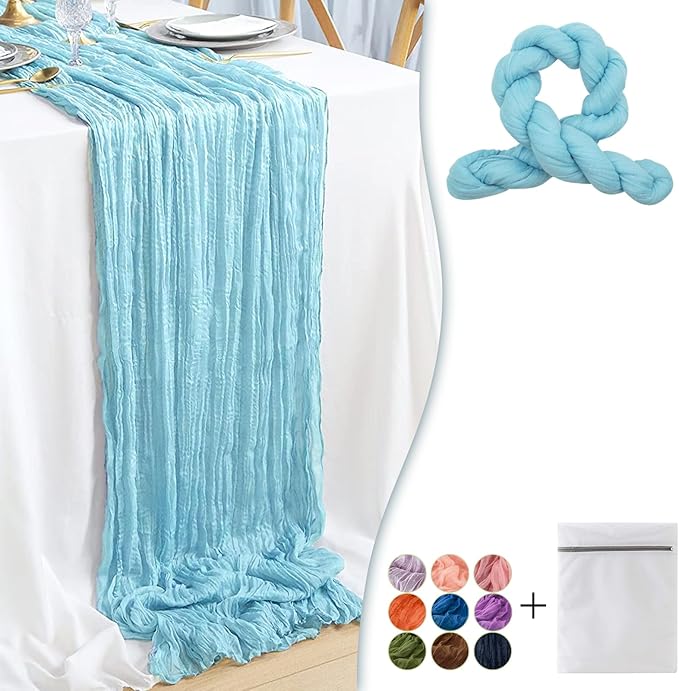 Baby Blue Cheesecloth Table Runner 1 Pack 35" Boho Gauze Runner 120 inches Long Rustic Sheer Fabric Bulk for Baby Shower Wedding Bridal Birthday Party Table Decorations