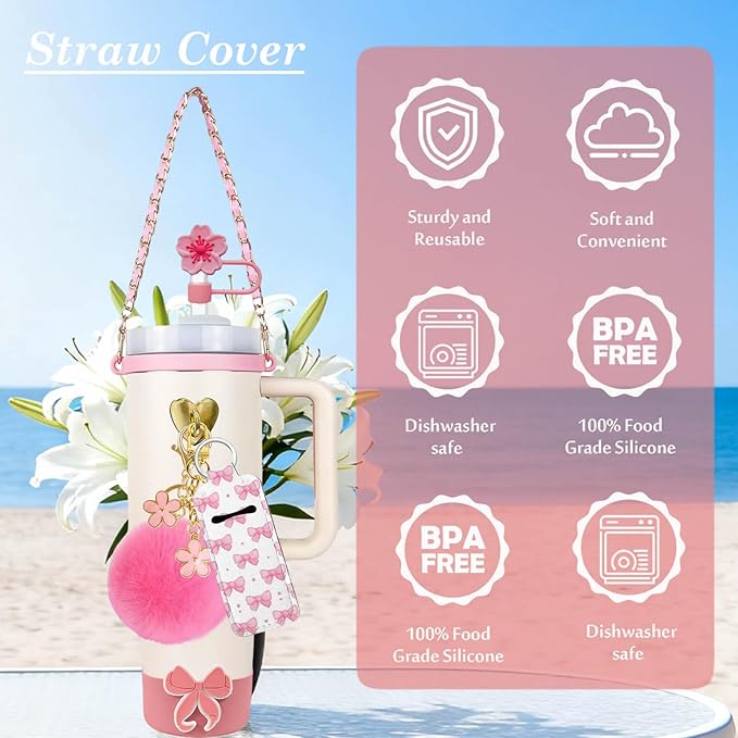 Accessories Set Including Water Bottle Handle Strap, Silicone Boot, Resin Butterfly Straw Cover, Straw Topper, Lip Balm Sleeve, Butterfly & Hairball Charms for Stanley Cup Tumbler