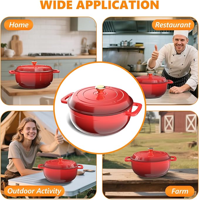 ROVSUN Enameled Cast Iron Round Dutch Oven, 7.5QT Pot with Lid &Dual Handles with Silicone Gloves,Oven Safe up to 500°F, Heavy-Duty Pre-Seasoned Cookware for Bread Baking, Braising, Stews, Roasting,Red
