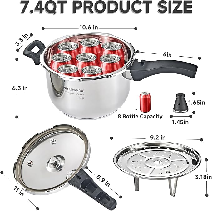 VITASUNHOW Stainless Steel Pressure Cooker with Steamer Basket, Faster Cooking and Safety Pressure Release (7-Liter)