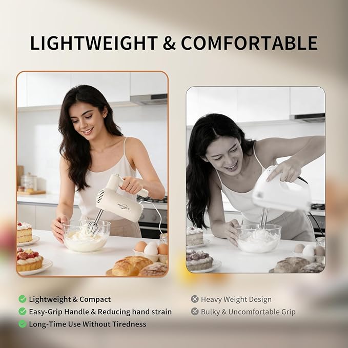 Hand Mixer, 5-Speed Mixer Electric Handheld with Turbo Ultra Power, 4 Stainless Steel Accessories Whipping Egg Cream, Small Hand Mixer for Baking Cake, Christmas Gifts for Women (White)