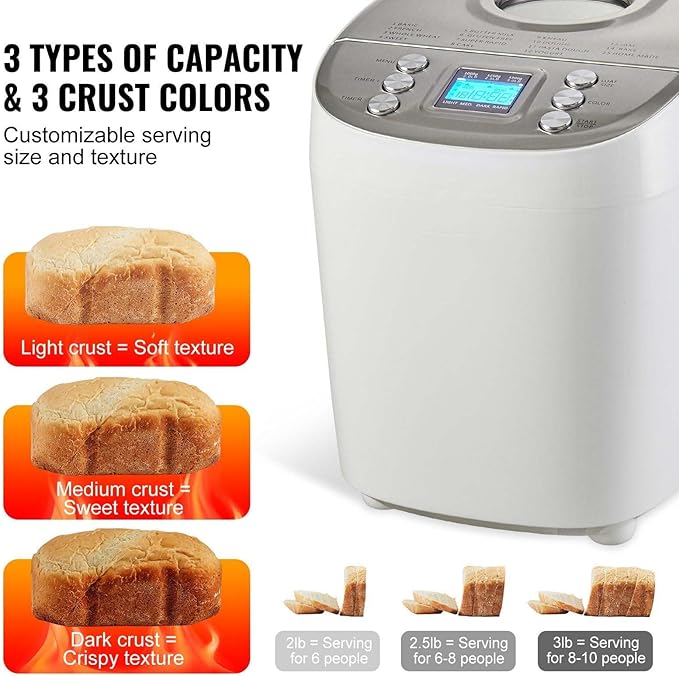 Bread Maker 3LB, 15-in-1 Dough Machine, Gluten-Free Breadmaker, Whole Wheat Programmable Bread Machine, Nonstick Ceramic, 3 Loaf Sizes & Colors