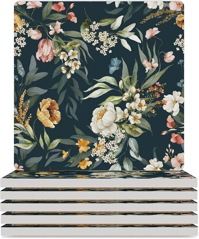 Square-6PCS Floral Drink Coasters, Square Modern Ceramic Absorbent Coasters, Watercolour Leaf Flower Herb Nature Plant Floral Decor Desk Coffee Table Coaster for Beverage Cup Tea Coasters