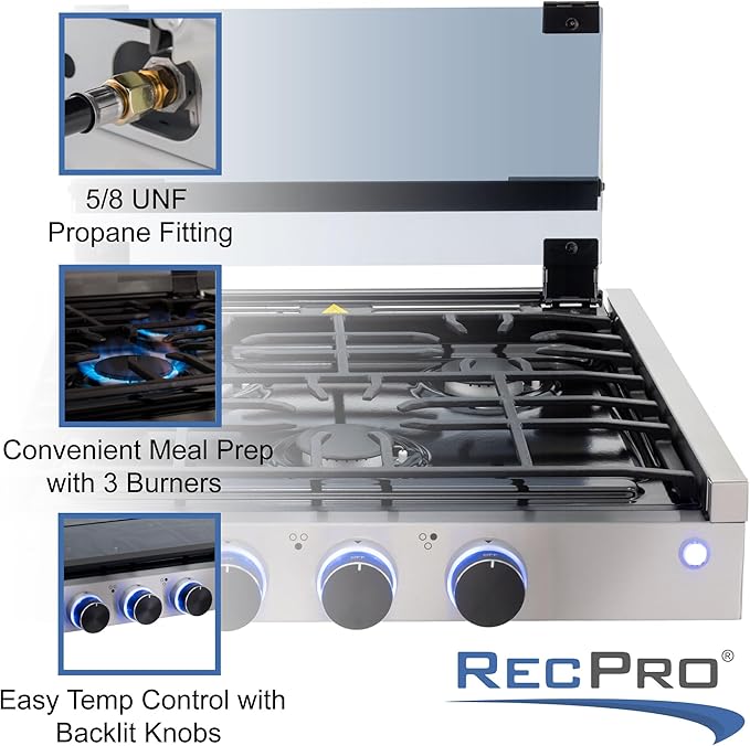 RecPro RV Built In Gas Cooktop | 2 Burner or 3 Burner | RV Cooktop Stove | 6,500 and 8,000 BTU Burners | Cover Included (Stainless Steel, 3-Burner)