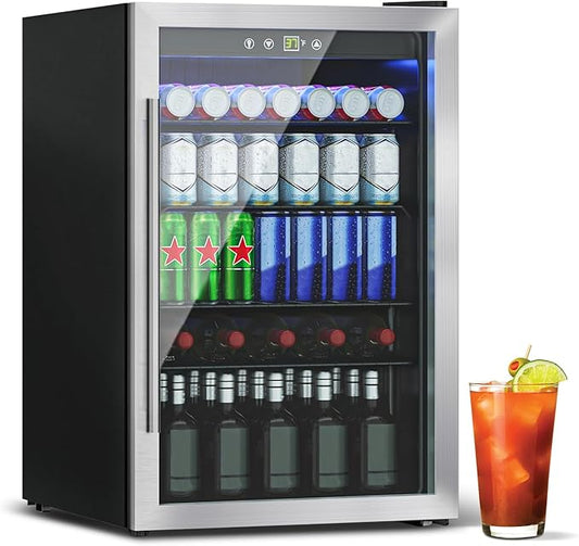 Stopasd Compact Beverage Refrigerator, 4.5 Cu.Ft/145 Can Drink Fridge with Glass Door and Digital Display, Small Drink Fridge with Adjustable Shelves for Soda, Compact Fridge for Bar Office