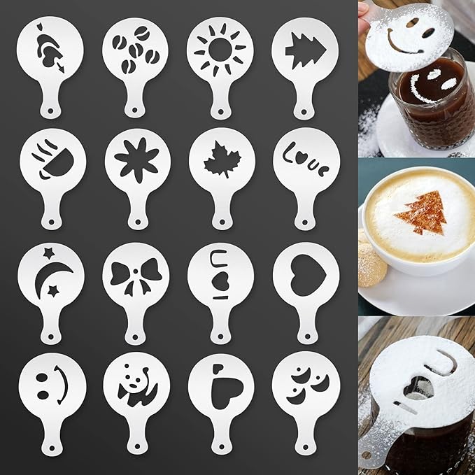 Stainless Steel Milk Frothing Pitcher 20oz/600ml for Milk Cappuccino Coffee Stencils Latte Art, Milk Jug Cup with Decorating Art Pen, Powder Shaker, 16 Pieces Coffee Decorating Stencils