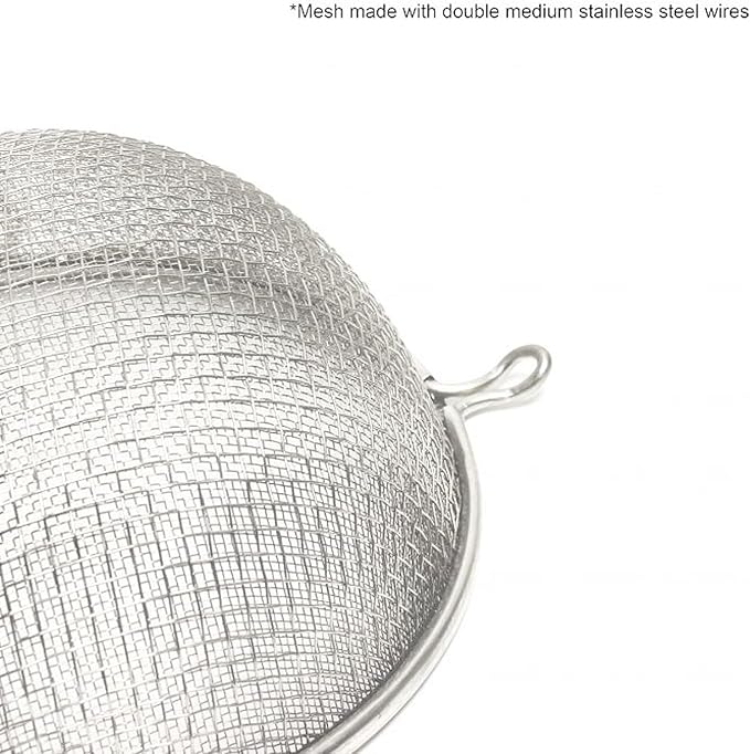 TrueCraftware- 6-Inch Double Medium Mesh Strainer Stainless Steel with 6-1/2" Handle Length Black Plastic Handle- Kitchen Utensil Food Strainer Skimmer Spoon for Cooking Sieve Sifters Pasta Fruits