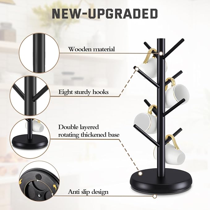 Mug Holder Tree,New Upgraded 360° Rotated 8 Hooks Coffee Cup Holder for Counter,Sustainable Wood Mug Rack Standing for Coffee Bar Accessories and Kitchen Home Organizer(Black)
