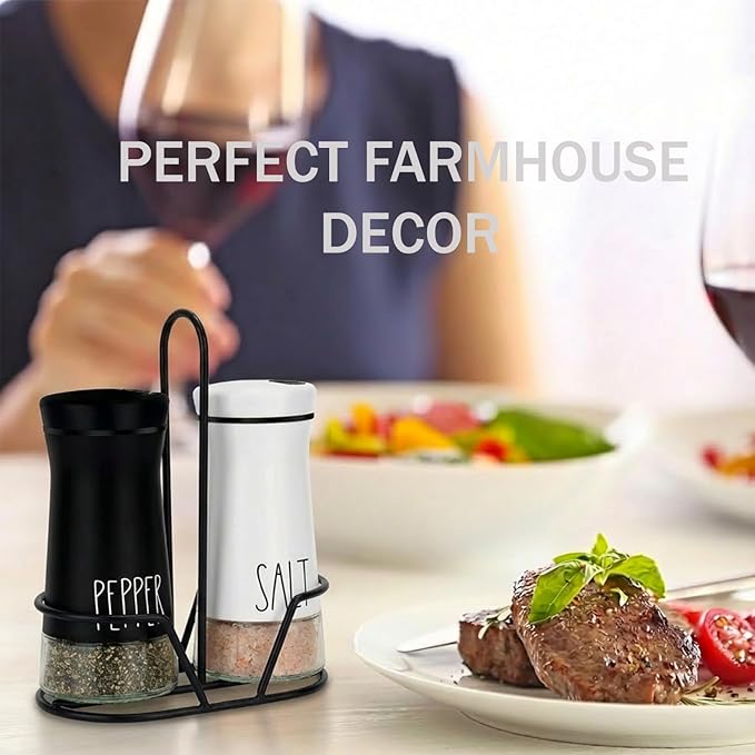 Aelga Farmhouse Salt & Pepper Shakers with Holder & Adjustable Pour Holes, Refillable Salt Shaker for Himalayan, Kosher, Black and White Pepper