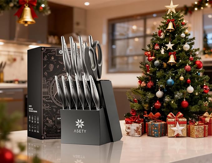 Knife Set - Ultra Sharp Knives Set for Kitchen with block, 15 PCS Stainless Steel Knife Set with Built-in Sharpener, Ergonomic Non-Slip Handle, Christmas Elegant Box for Men Women, Steel Grey