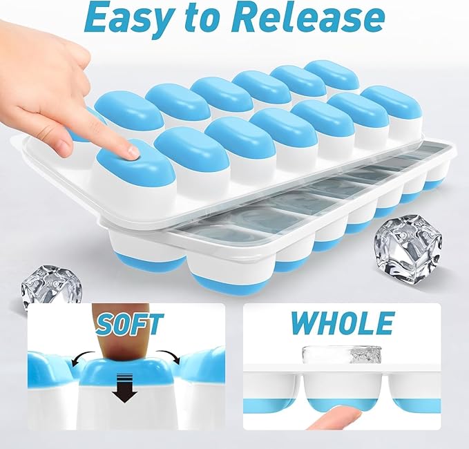 Ice Cube Tray with Lid, 4 Packs 56 Cubes Durable Stackable Ice Cube Trays for Freezer with Removable Lids, Easy-Release Plastic & Silicone Ice Tray for Cocktail, Coffee，blue and green