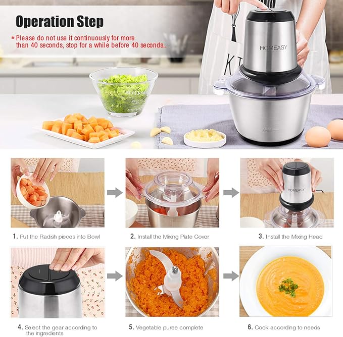 HOMEASY Meat Grinder Electric, Food Processor 2L Stainless Steel Meat Blender Food Chopper for Meat, Vegetables, Fruits and Nuts with 4 Sharp Blades, 350W, 8 Cups