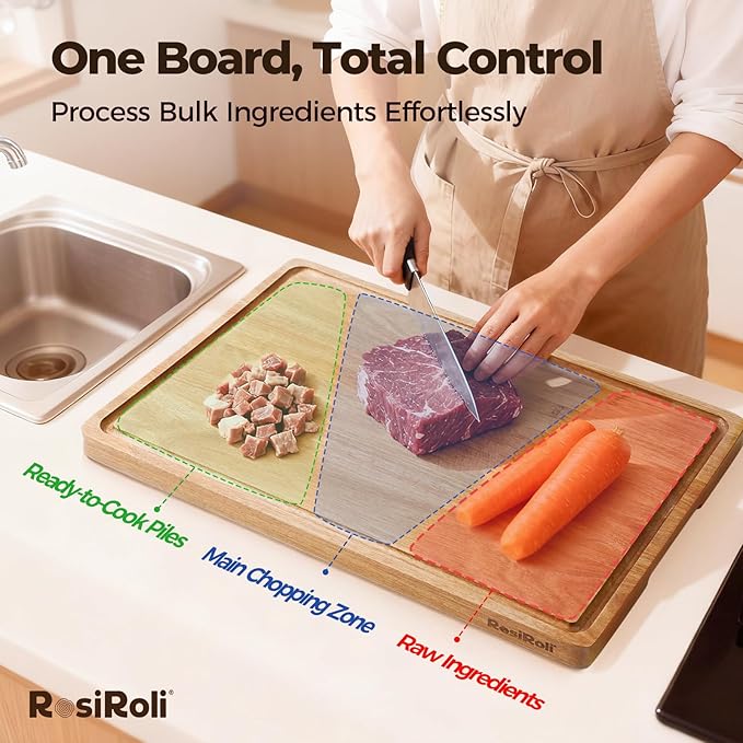 RosiRoli Acacia Wood Cutting Board for Kitchen - 17"x12" Large Chopping Board with Juice Grooves & Handles, 1" Thick FSC Certified Butcher Block Cutting Board for Meat and Veggies, Ideal Gift