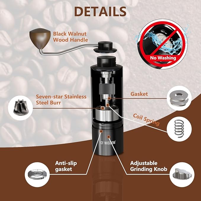 CF WISDOM Espresso Manual Burr Coffee Grinder – 420 Stainless Steel Conical Burrs, Dual Bearings, Precision Adjustable Hand Grinder, Portable Travel Coffee Bean Grinder