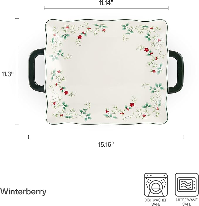 Pfaltzgraff Winterberry Square Platter with Handles, Multicolored, 15.25 Inch