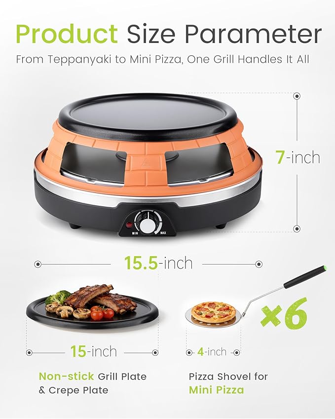 Saenchue Multifunction Raclette Grill & Mini Pizza Oven, 1200W Electric Pizza Oven with Flat Griddle Top, Indoor Grill with 6 Mini Pizza Baking Slots, Temperature Control, Personal Pizza Maker, PM-01