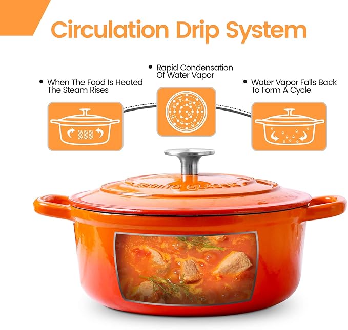 EDGING CASTING Enameled Cast Iron Dutch Oven, 5.5 Quart, Round Cast Dutch Ovens Pot with Lid Dual Handle for Bread Baking, Oven Safe up to 500°F, Orange