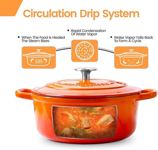EDGING CASTING Enameled Cast Iron Dutch Oven, 5.5 Quart, Round Cast Dutch Ovens Pot with Lid Dual Handle for Bread Baking, Oven Safe up to 500°F, Orange