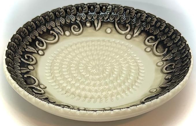All-in-one Premium Ceramic Garlic Grater Plate 4-Piece Set - Black Embossed Design and Style - For Garlic, Ginger, Chocolate, and more! - Comes with 5.25" Plate, Peeler, Brush, and Stand
