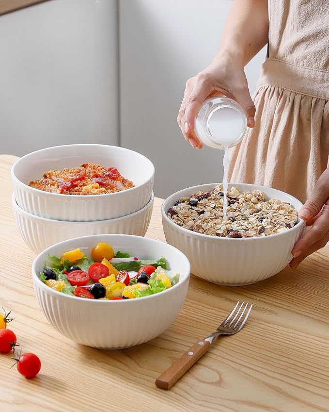 HASENSE Large Serving Bowls 7 Inch - 42 Oz White Ceramic Salad Bowl Set of 4 for Kitchen,Modern Ribbed Porcelain Dishes for Entertaining,Soup,Pho,Pasta,Cereal, Noodle - Dishwasher & Microwave Safe