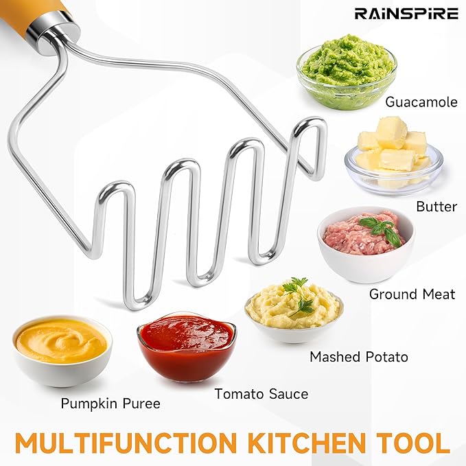 Rainspire Potato Masher Stainless Steel, Mashed Potato Masher Kitchen Tool, Durable Mash Potatoes Masher, Soft Non-slip Handle, Kitchen Utensils, Kitchen Gadgets, Orange