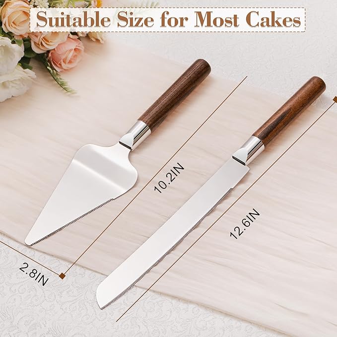 TUKDAK Cake Cutting Set for Wedding, Wood Cake Knife and Server Set, Vintage Pie Cake Cutter, Silver Pizza Dessert Utensils Bridal Anniversary Birthday Quinceañera Gift (Original Wood)