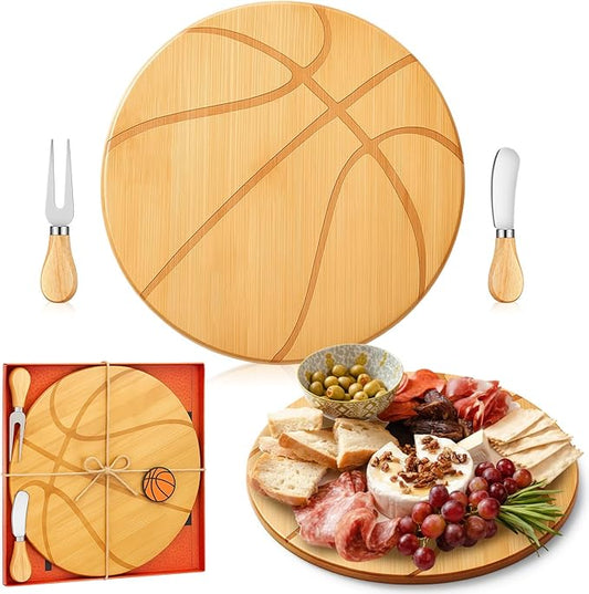 Ziliny Basketball Cheese Board Gift Set Party Favor Prizes Charcuterie Wood Board with Knives and Box Father Day Gift for Dad Grandpa Party Tournament Game(Bamboo Wood, Basketball)