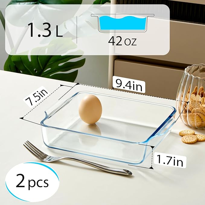NUTRIUPS 9.8x7.7in Glass Baking Dish for Oven 2-pack, 42oz Square Cake Pans Glass Casserole Dishes for Oven