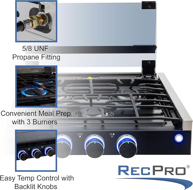 RecPro RV Built In Gas Cooktop | 2 Burner or 3 Burner | RV Cooktop Stove | 6,500 and 8,000 BTU Burners | Cover Included (Black, 3-Burner)