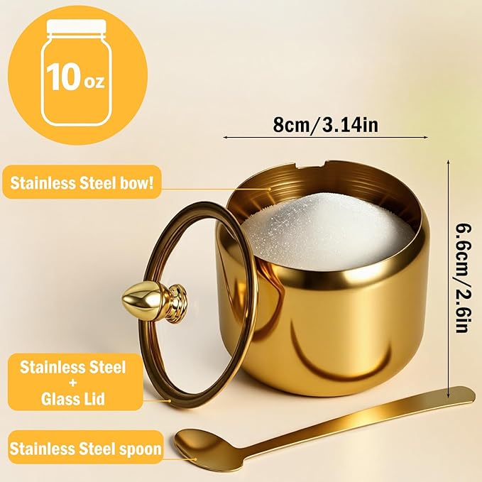 Gold Sugar Bowl with Glass Lid and Spoon, 10oz Capacity Stainless Steel Sugar Container Round Kitchen Storage Pot Coffee Bar Accessories for Kitchen Storage, Salt, Candy, Coffee Beans