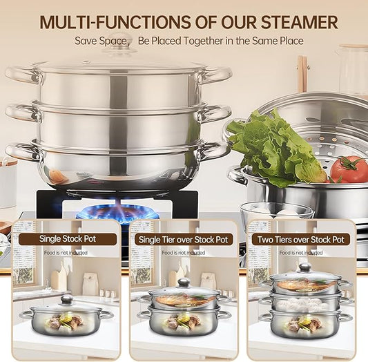 3-Tier Stainless Steel Steamer Pot with Lid, Multipurpose Steam Pots for Cooking, Vegetable & Dumpling Steamer Set with Durable Handles and Glass Lid for Fish, Meat, and Seafood