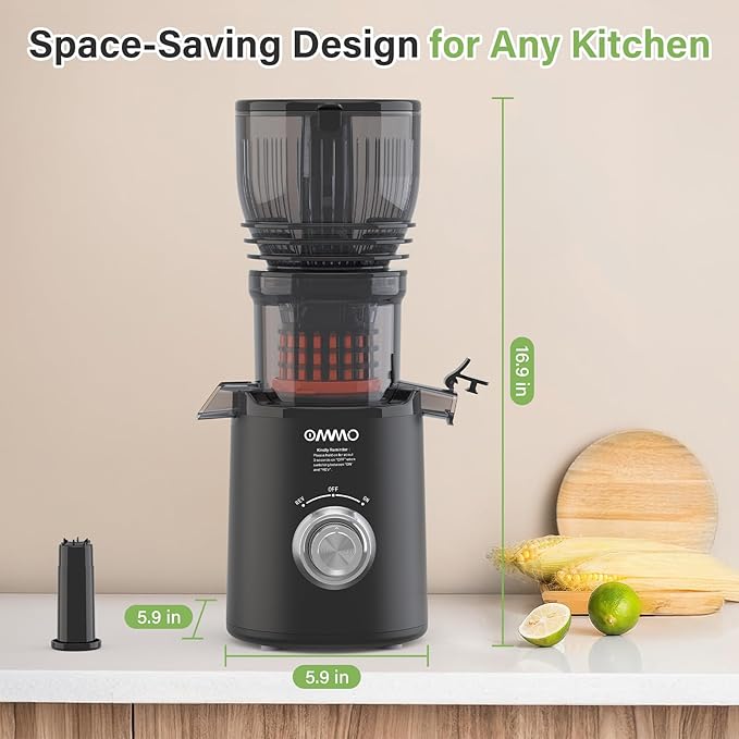 OMMO Juicer Machines, 300W Cold Press Juicer for Whole Vegetables & Fruits with 6'' Large Feed Chute, Slow Masticating Juicer Easy to Clean, High Juice Yield, BPA Free, Black