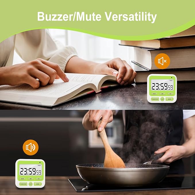 Multifunctional Kitchen Timer with Silent/Alert Mode, 24-Hour Clock, Memory Recall, Fast-Forward, and Magnetic Back for Cooking, Baking, Teaching(Green)