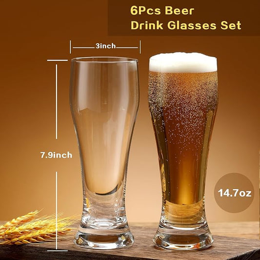 Beer Glasses Set of 6,15 oz Glasses Drinking Set, Craft Pint Glasses for Freezer Supply Aroma Retention, Tall Beer Mug and Glassware,Unique Gifts for Christmas
