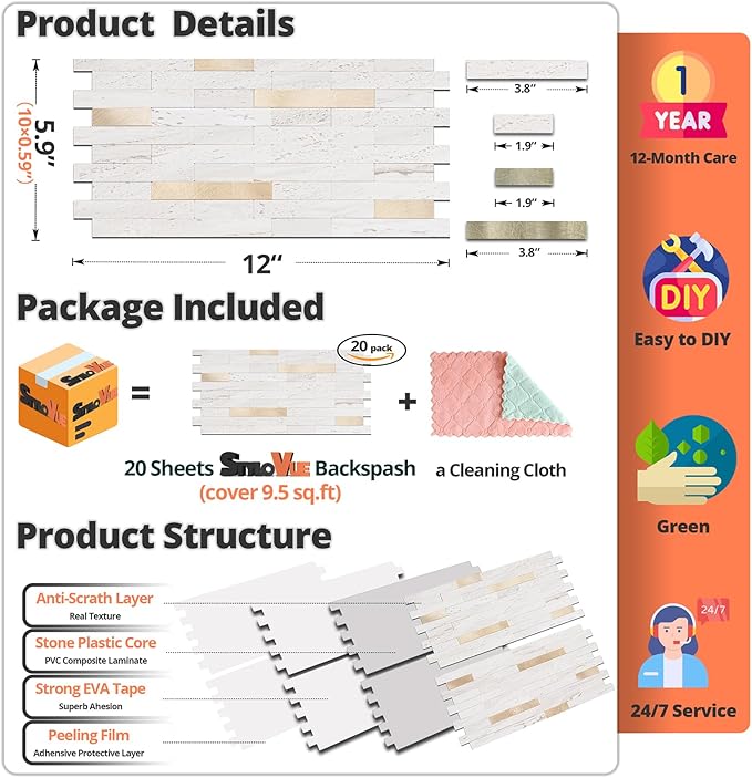 20 Sheets Peel and Stick Backsplash for Kitchen, Pearl White Sandstone with Metal Gold Look Stick on Tile Upgrade Your Kitchen Backsplash, RV, Fireplace