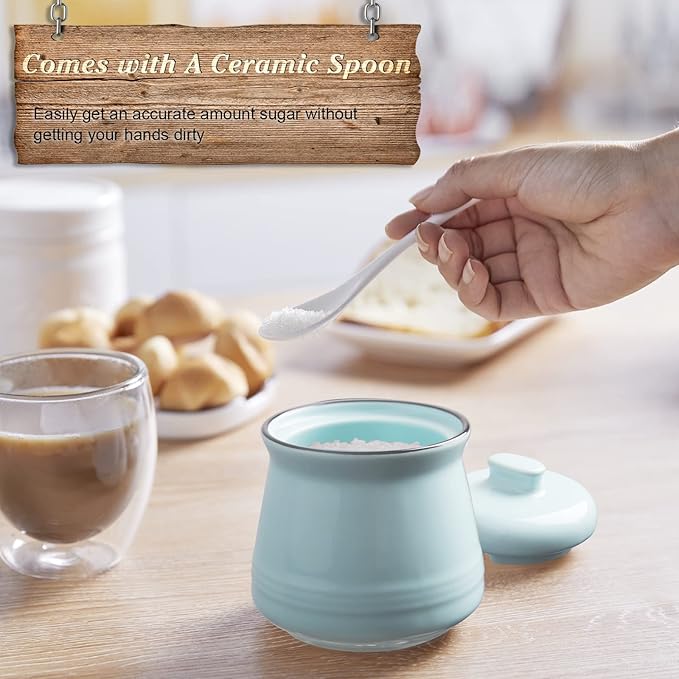 Sugar Bowl with Lid and Spoon, 12 oz Ceramic Sugar Bowl with Spoon, Sugar Container for Coffee Bar, Sugar Jar Sugar Dispenser Bowl, Turquoise Kitchen Decor and Accessories
