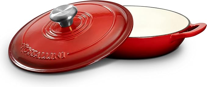 ROSSALLINI Signature Enameled Cast Iron Braiser, Non-Stick Serving Pot with Tight Fitting Lid for Perfect Roasting, Baking, Sauteing, Searing, and Pan Frying | 5Q (4.7L) - Red