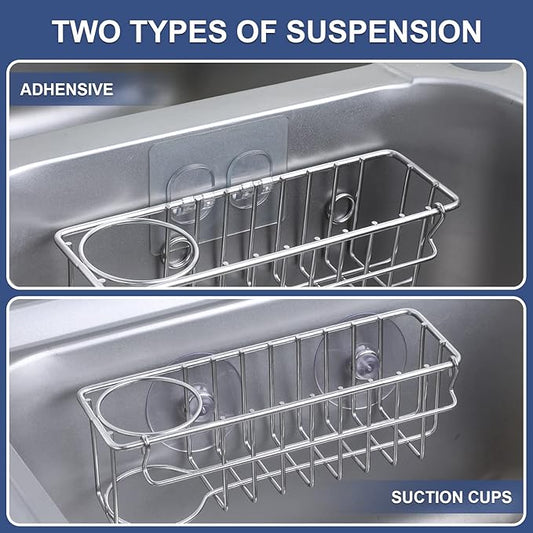 3-In-1 Sponge Holder for Kitchen Sink with Suction Cups & Adhesive Hook , In-sink Sponge Holder, Wall Hanging Sink Organizer Rack - Sponge, Dish Cloth, Brush, Scrubber - 304 Stainless Steel
