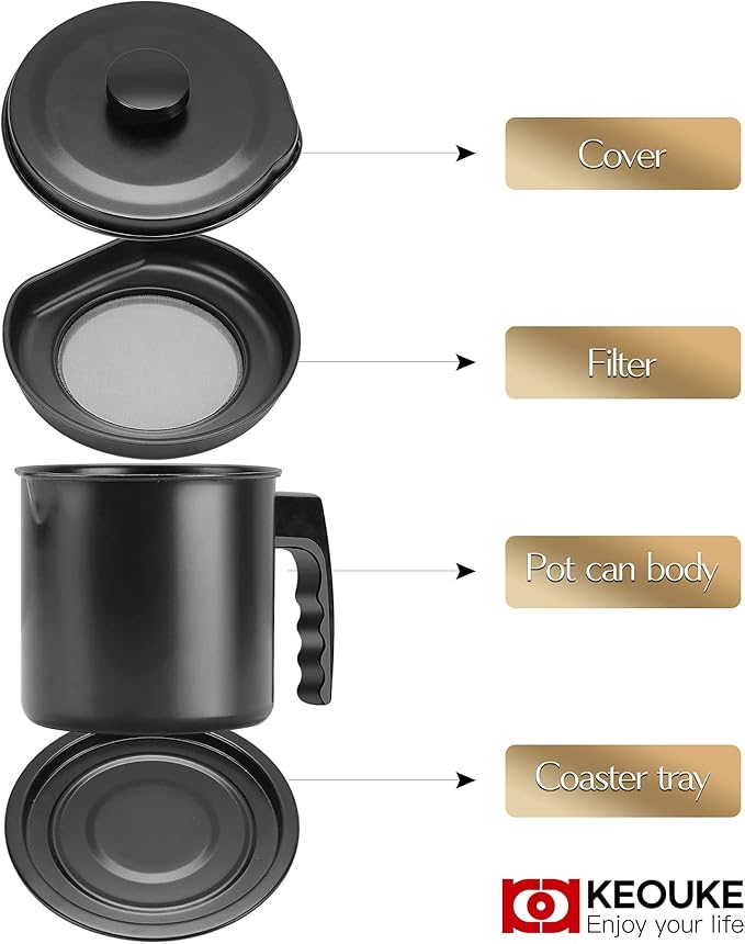 KEOUKE Bacon Grease Keeper with Strainer - 1.6L/7Cup Iron Grease Holder Bacon Grease Container with Strainer Oil Storage Grease Keeper for Cooking Oil, Frying Oil with Replaceable Cleaning Brush