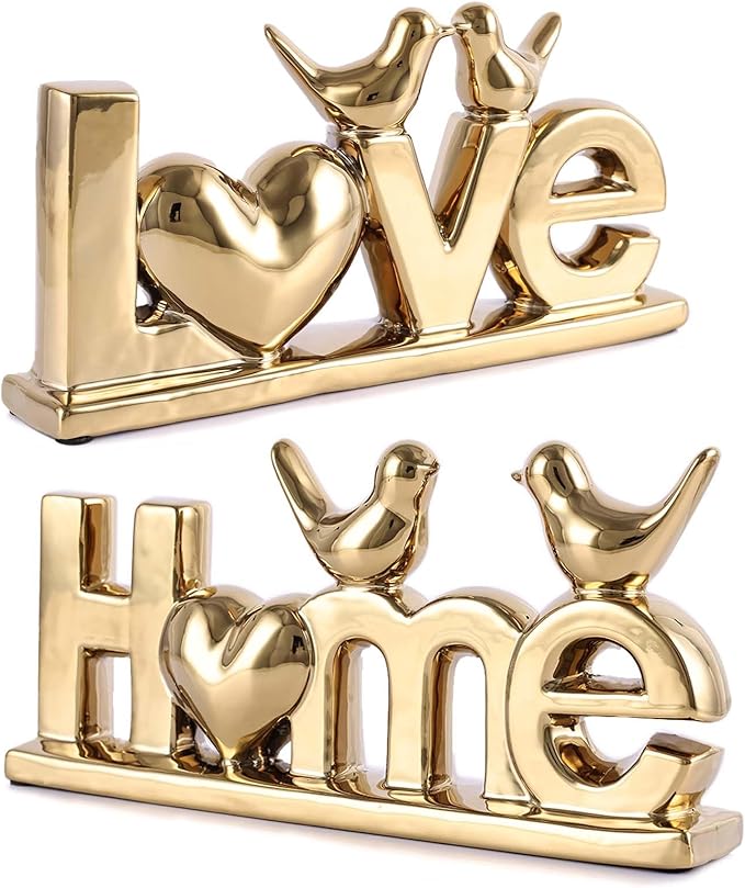 Love Sign Decor,Gold Room Decor Aesthetic, Knick Knack Shelf,Bird Decor, Boho Bookshelf,Abstract Statue,for Living Room,Bedroom, Contemporary Tv Stand Set of 2 (2, Gold Plated)