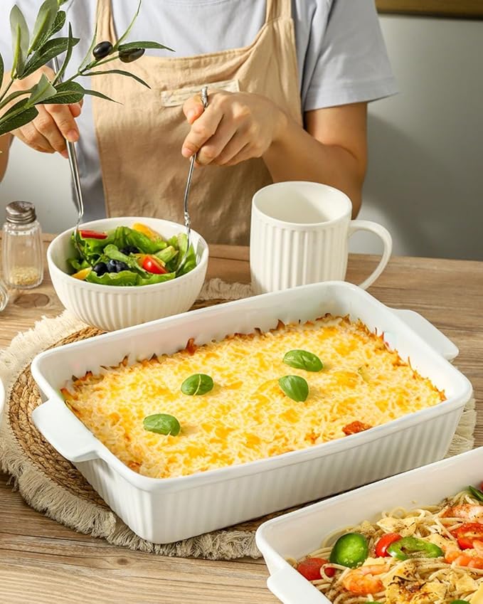 Hasense Casserole Dish, 9 x 13 Inches Ceramic Baking Dish, Extra Deep Lasagna Pans for Oven, Rectangular Bakeware with Handles, Wedding Housewarming Gifts, 15 x 9.2 x 3.1 Inches, White