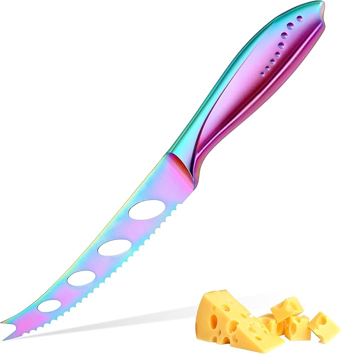 WELLSTAR Cheese Knife, Serrated Tomato Knife 5 Inch Sharp High Carbon Stainless Steel Blade for Cutting All Cheese Types - Rainbow