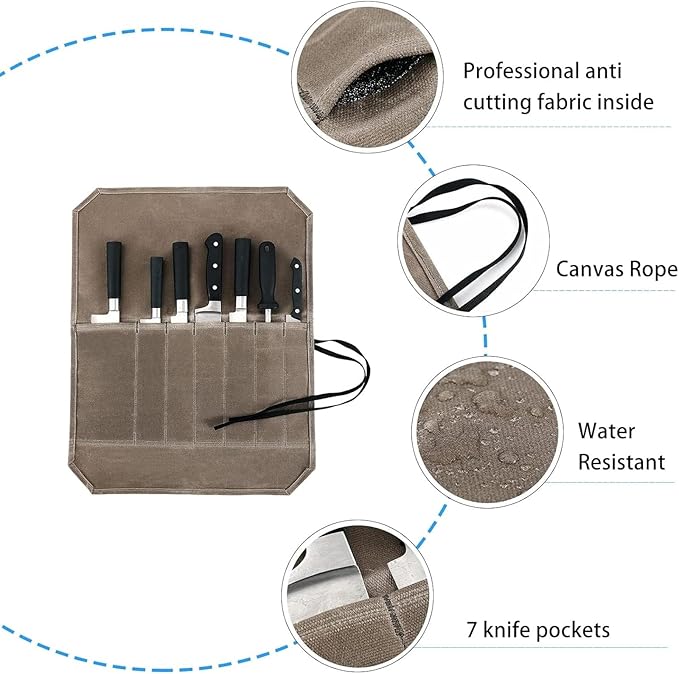 Chef’s Knife Roll Case &6 Packs Knife Edge Guard Set Universal Blade Covers ,Waxed Canvas Cutlery Knives Holders Protectors,Chef's Knife Roll Bag,Portable Travel Chef Knife Case Carrier Storage Bag