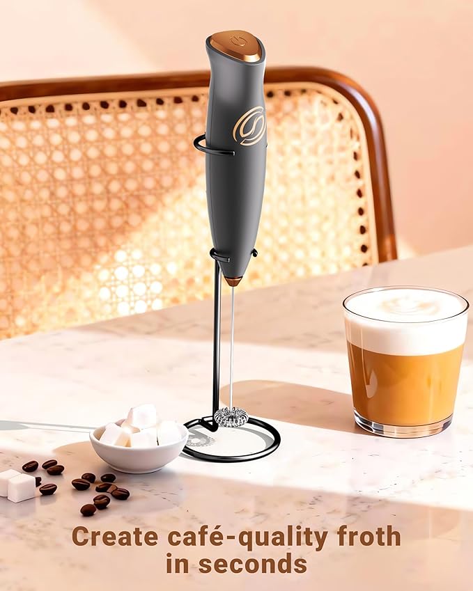 Heylotie Milk Frother With Stand Milk Frother Wand Coffee Frother Handheld Drink Mixer Handheld with 2 Whisks Electric Whisk Stirrers Electric Frother for Coffee Mixer Wand Milk Foamer-Black/Copper