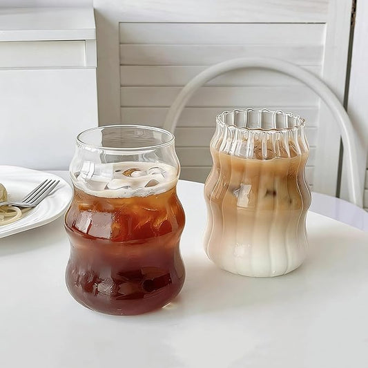 2 Pcs Ribbed Glass Cups, 18 oz Aesthetic Drinking Glasses for Coffee, Iced Drinks, Matcha - Cute Wavy Design Glassware