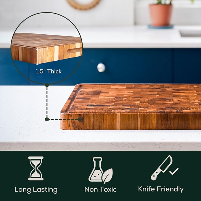 EZ FURNITURE Extra Large (XL) Teak Wood Premium Cutting & Serving Board, Knife Friendly, Pre-Oiled End Grain with Juice Groove & Handles, Non-Toxic (24"Lx18"Wx1.5"Th)