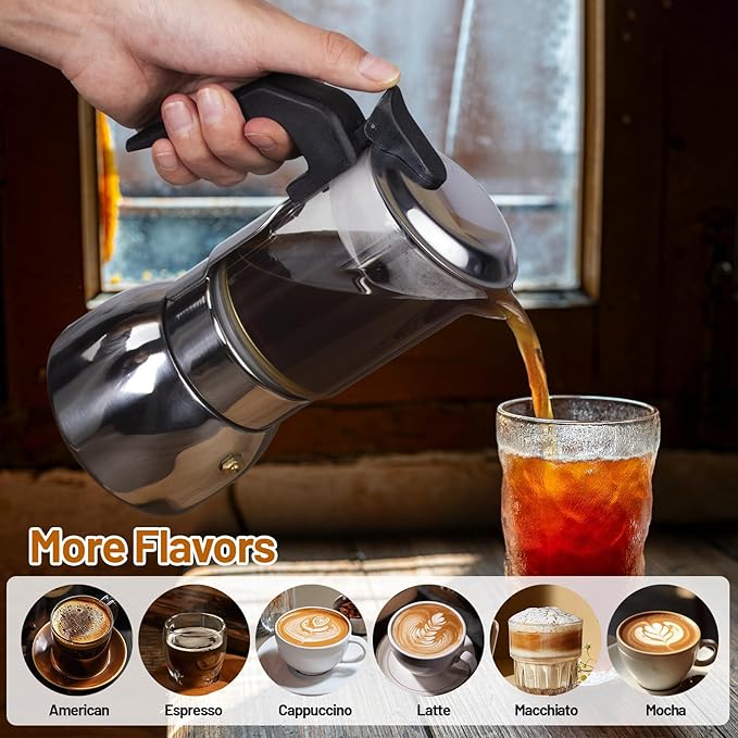 Vaolvpant 6 Cup Glass Clear Moka Pot Thickened 304 Stainless Steel Stovetop Espresso Maker Italian Coffee Machine 300ml 10.6oz Classic Mocha Cafe Greca Coffee Suitable for Gas Induction
