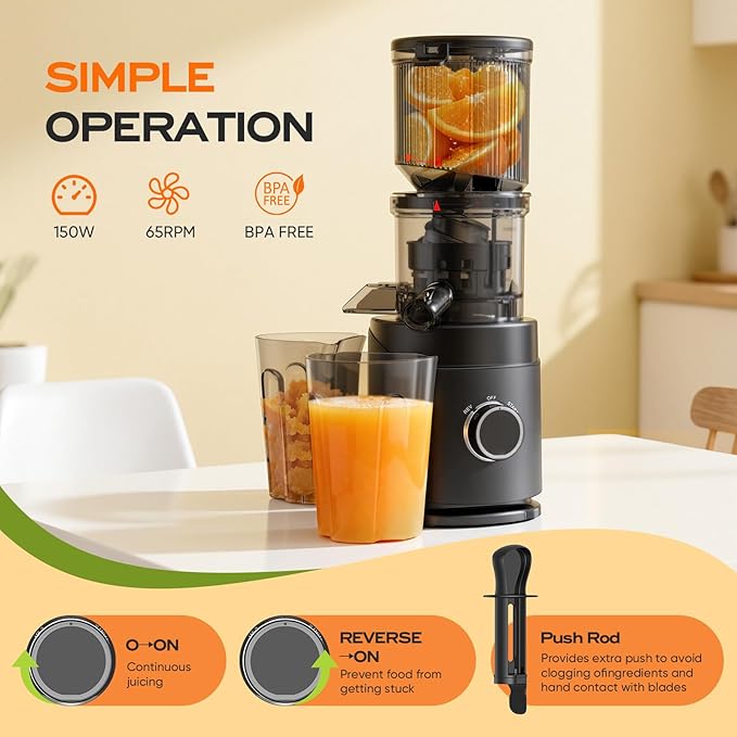 Juicer Machines, Cold Press Juicer with Wide Chute, 150 Watts Slow Masticating Juicers, High Juice Yield for Leafy Greens, Fruits & Vegetables, Easy to Clean