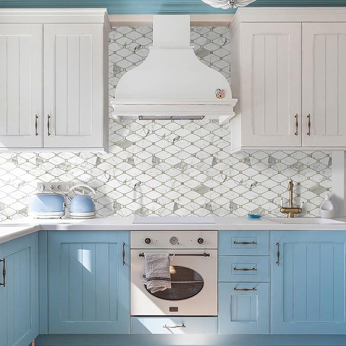STICKGOO 10 Sheets Peel and Stick Backsplash Tile, Polished Carrara White Marble Look Stick on Backsplash for Kitchen Wall and Bathroom, Glossy Waterproof Self Adhesive Wall Tiles